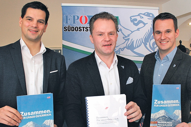 Die FPÖ-Nationalräte Hannes Amesbauer und Walter Rauch mit Klubobmann Mag. Stefan Hermann.
