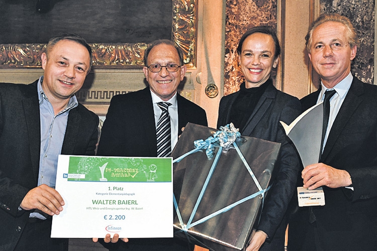 Walter Baierl von der HTL Weiz mit dem begehrten IV-Teacher’ Award mit BM Sonja Hammerschmid, IV-Präsident Mag. Georg Kapsch (r.). 
