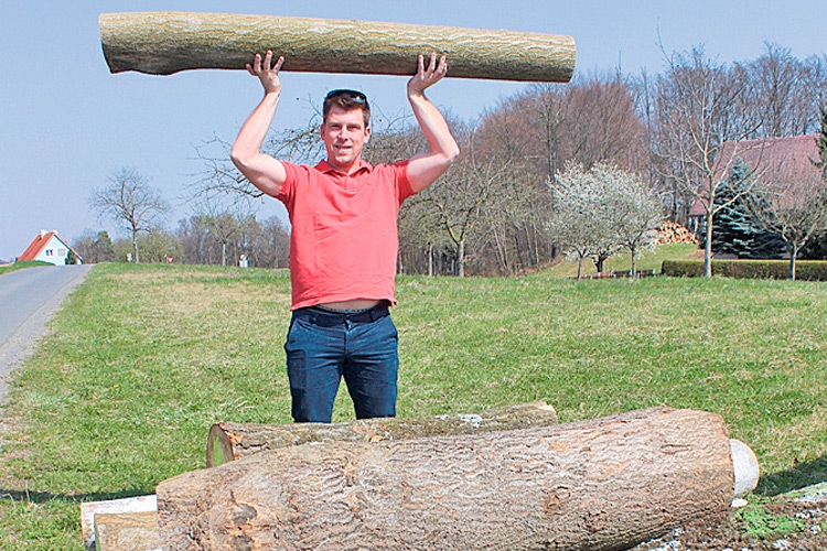 Wie leicht so ein Paulownia-Holzstamm ist, das demonstriert Blauglockenbaum-Experte Roland Gutmann in Kölldorf.