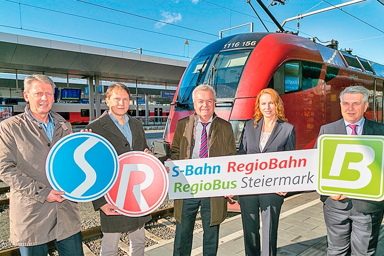 Verkehrslandesrat Anton Lang mit Michaela Huber, Vorständin der ÖBB-Personenverkehr AG (m.) bei der Fahrplan-Präsentation. 